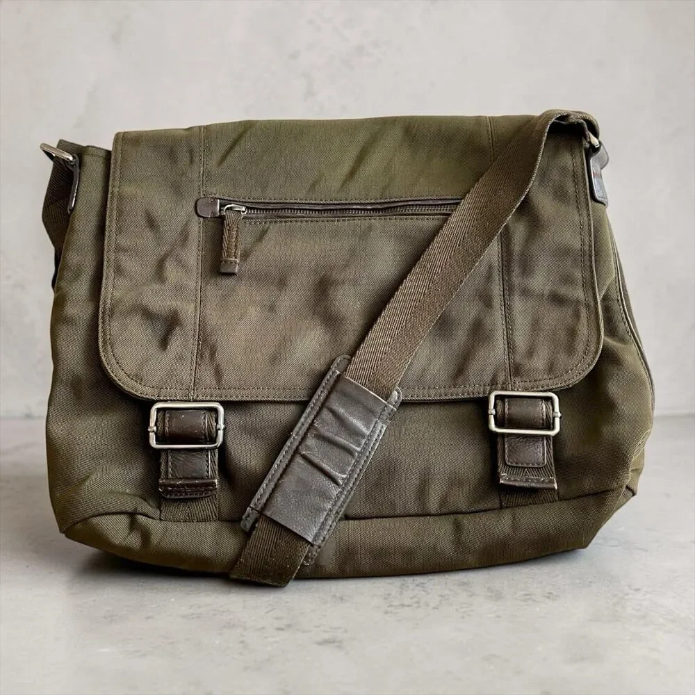 Banana Republic Olive Green Nylon Brown Leather Laptop Bag Messenger Briefcase